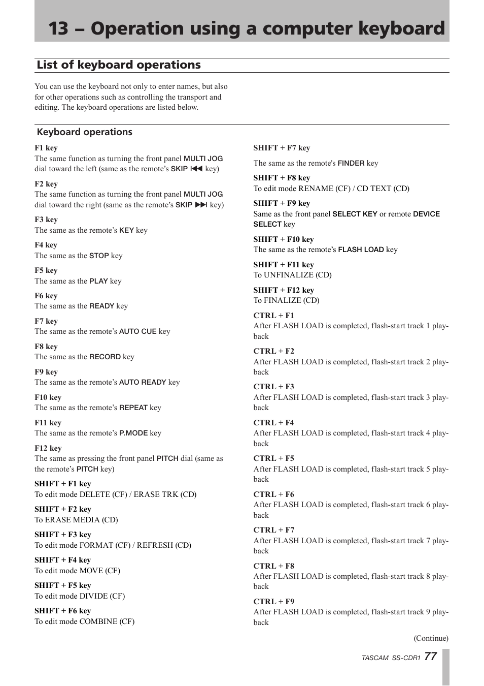 List of keyboard operations, Keyboard operations, 13 − operation using a computer keyboard | 77 list of keyboard operations | Teac SS-CDR1 User Manual | Page 77 / 88