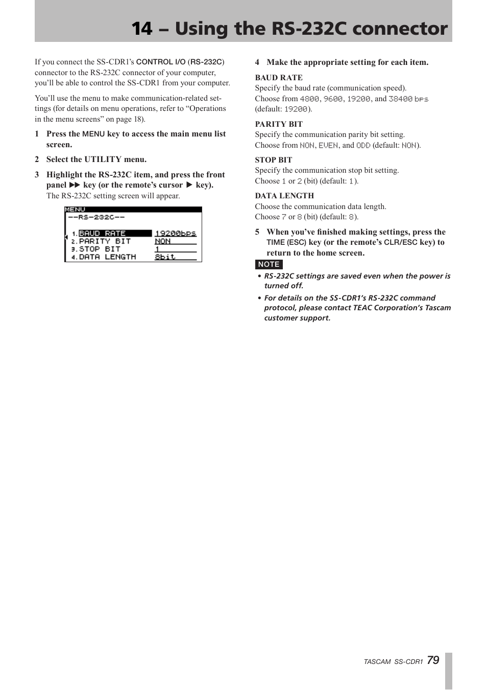 14 − using the rs-232c connector | Teac SS-CDR1 User Manual | Page 79 / 88