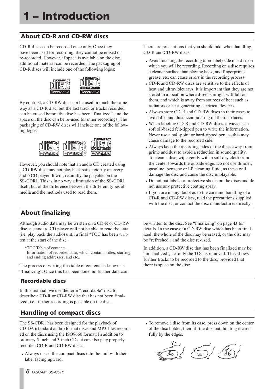 About cd-r and cd-rw discs, About finalizing, Recordable discs | Handling of compact discs, About cd-r and cd-rw discs about finalizing, 1 − introduction | Teac SS-CDR1 User Manual | Page 8 / 88