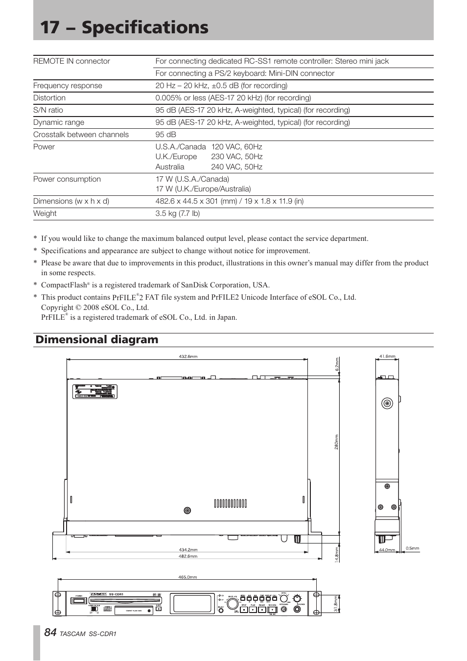 Dimensional diagram, 17 − specifications | Teac SS-CDR1 User Manual | Page 84 / 88