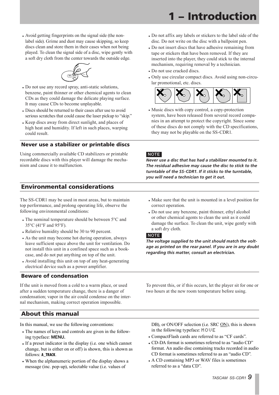 Never use a stabilizer or printable discs, Environmental considerations, Beware of condensation | About this manual, 1 − introduction | Teac SS-CDR1 User Manual | Page 9 / 88