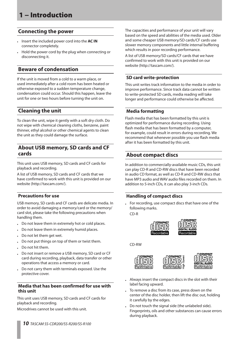 Connecting the power, Beware of condensation, Cleaning the unit | About usb memory, sd cards and cf cards, Precautions for use, Sd card write-protection, Media formatting, About compact discs, Handling of compact discs, Unit sd card write-protection media formatting | Teac SS-CDR200 User Manual | Page 10 / 84