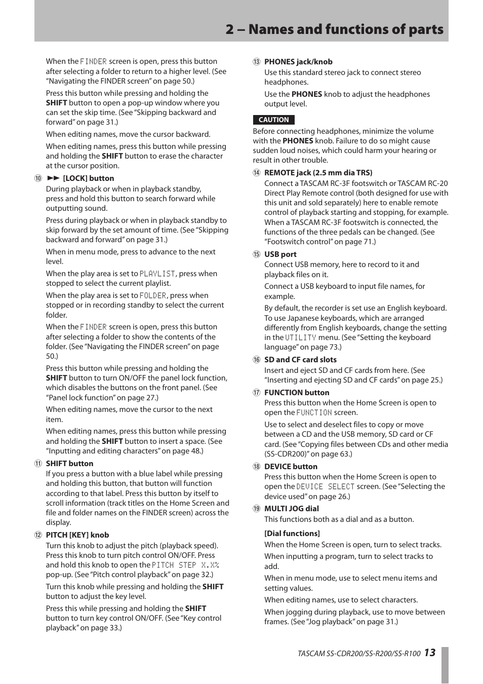 2 − names and functions of parts | Teac SS-CDR200 User Manual | Page 13 / 84