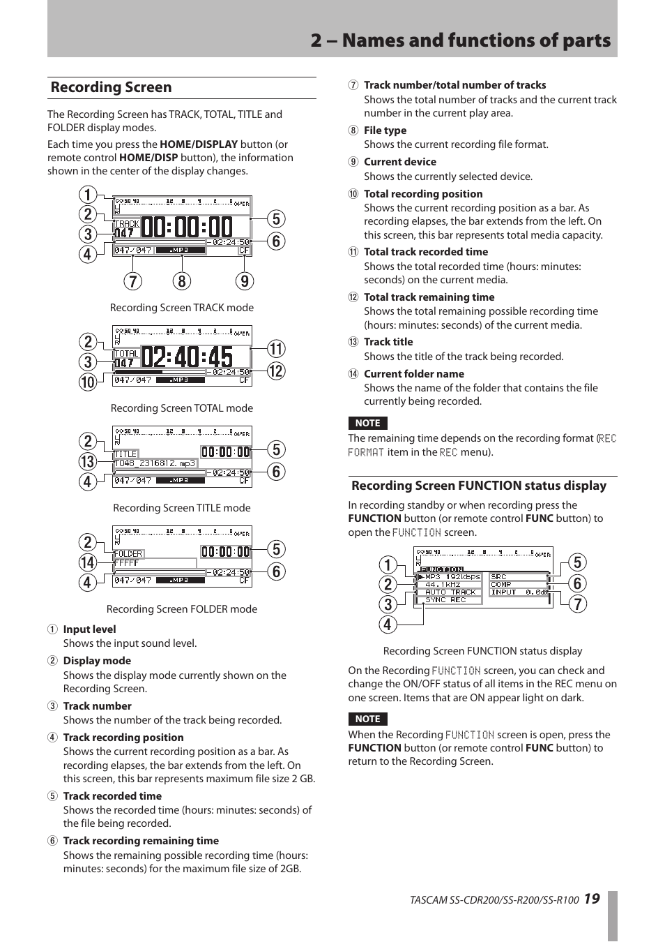 Recording screen, Recording screen function status display, 2 − names and functions of parts | 19 recording screen | Teac SS-CDR200 User Manual | Page 19 / 84