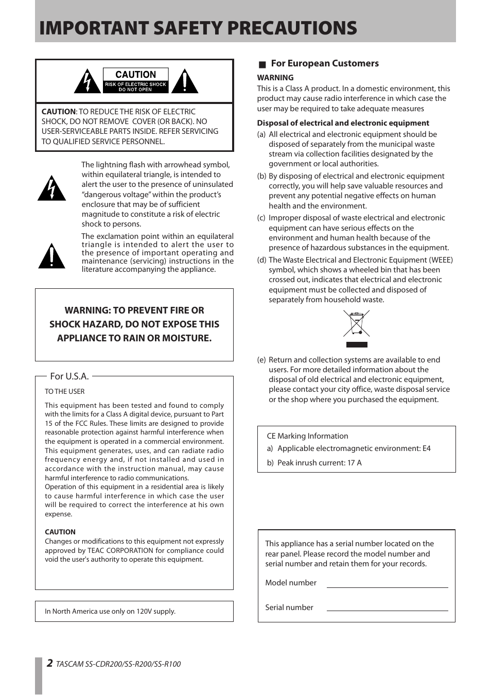 Important safety precautions | Teac SS-CDR200 User Manual | Page 2 / 84