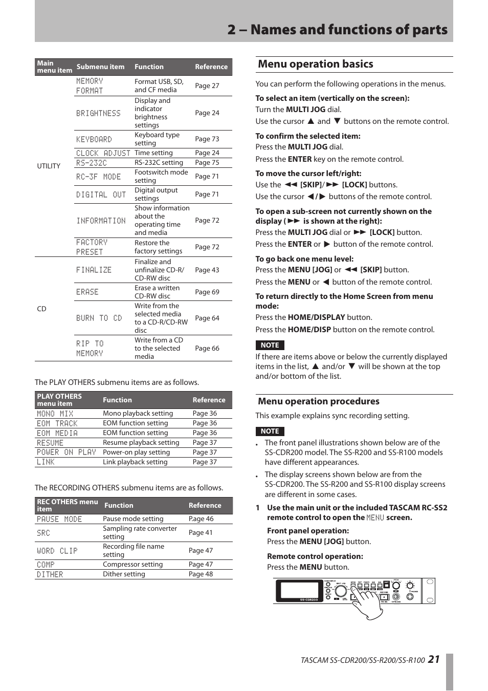 Menu operation basics, Menu operation procedures, 2 − names and functions of parts | Teac SS-CDR200 User Manual | Page 21 / 84