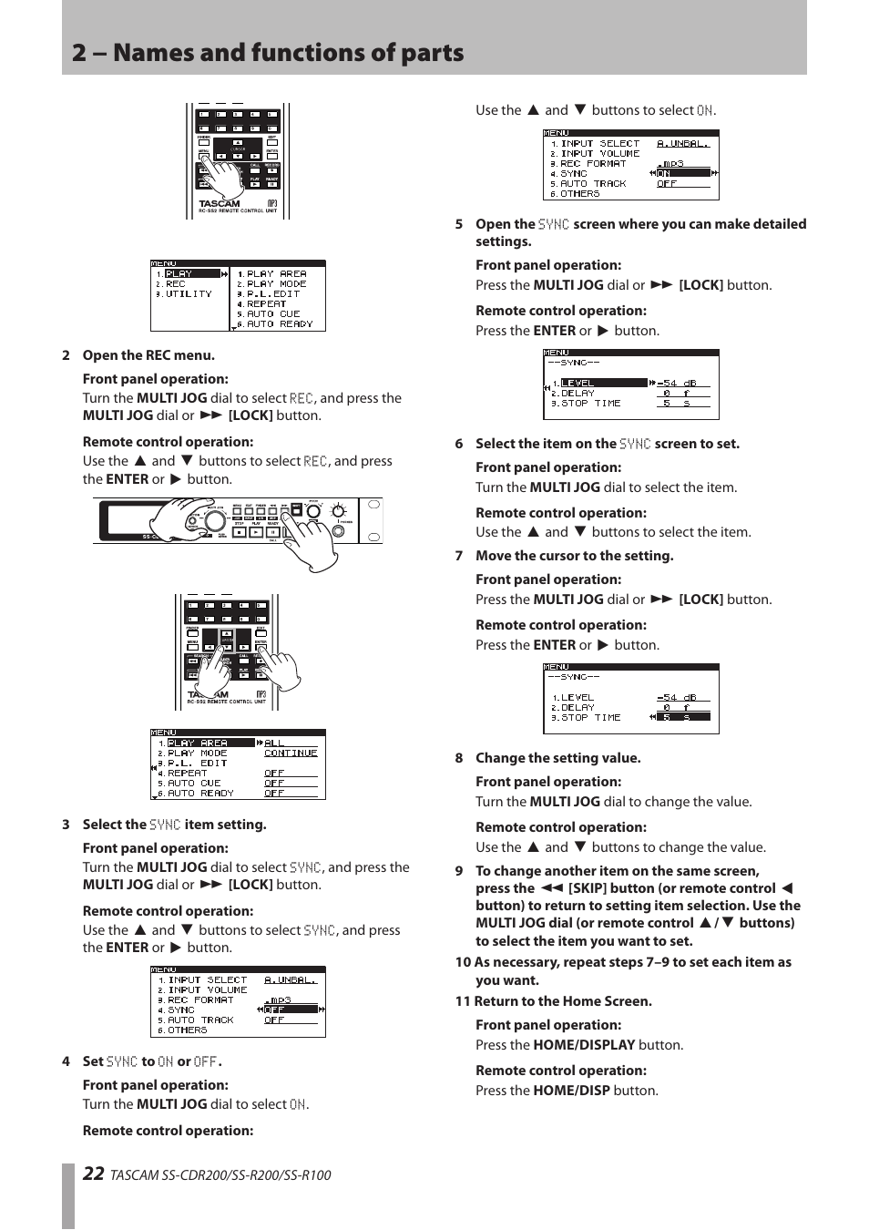 2 − names and functions of parts | Teac SS-CDR200 User Manual | Page 22 / 84