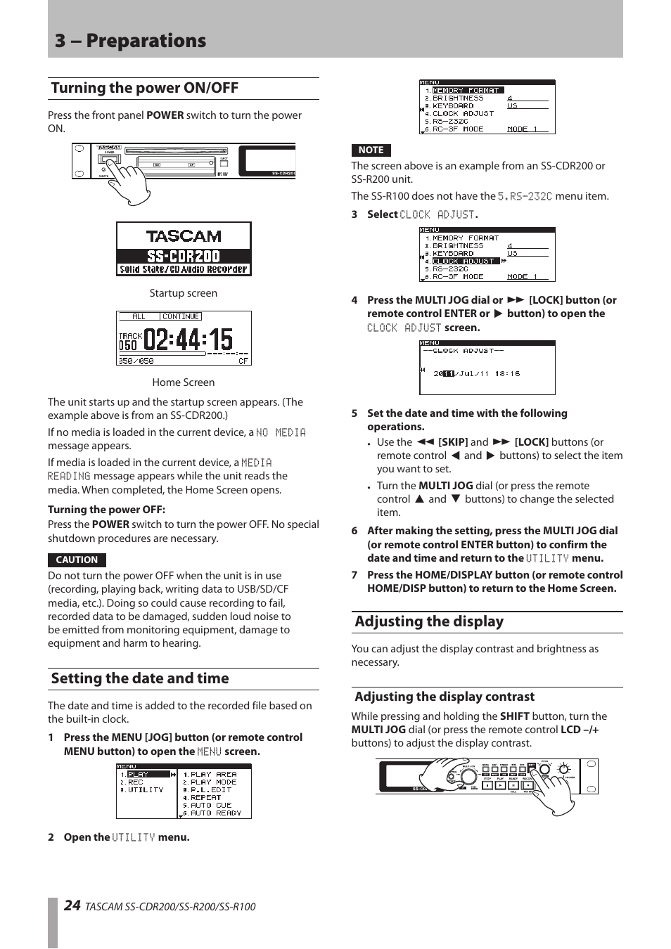 Turning the power on/off, Setting the date and time, Adjusting the display | Adjusting the display contrast, 3 − preparations | Teac SS-CDR200 User Manual | Page 24 / 84