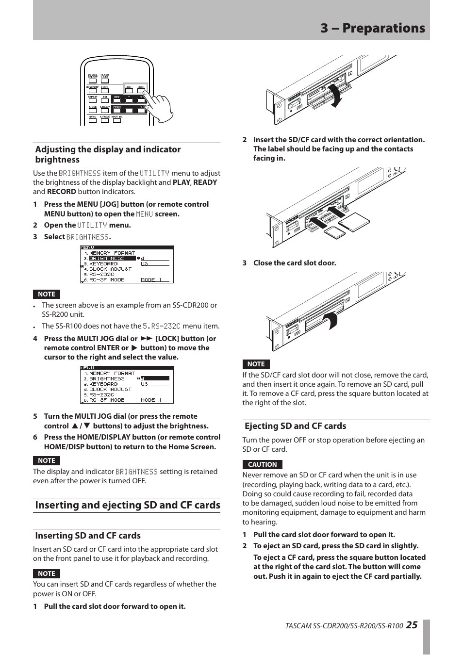 Adjusting the display and indicator brightness, Inserting and ejecting sd and cf cards, Inserting sd and cf cards | Ejecting sd and cf cards, Adjusting the display and indicator, Brightness, Inserting sd and cf cards ejecting sd and cf cards, 3 − preparations | Teac SS-CDR200 User Manual | Page 25 / 84