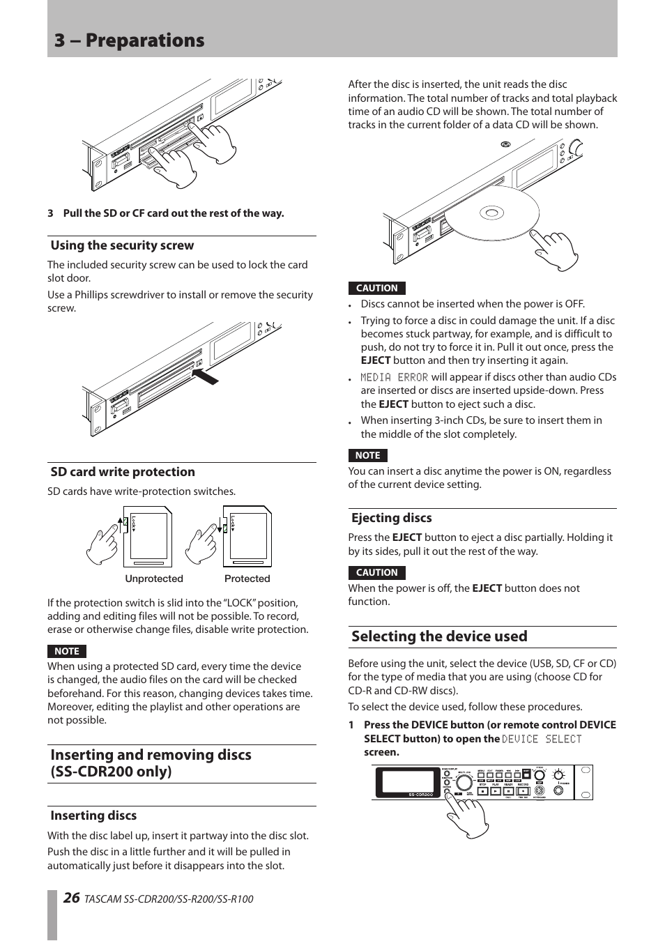 Using the security screw, Sd card write protection, Inserting and removing discs (ss-cdr200 only) | Inserting discs, Ejecting discs, Selecting the device used, Using the security screw sd card write protection, Inserting discs ejecting discs, 3 − preparations | Teac SS-CDR200 User Manual | Page 26 / 84