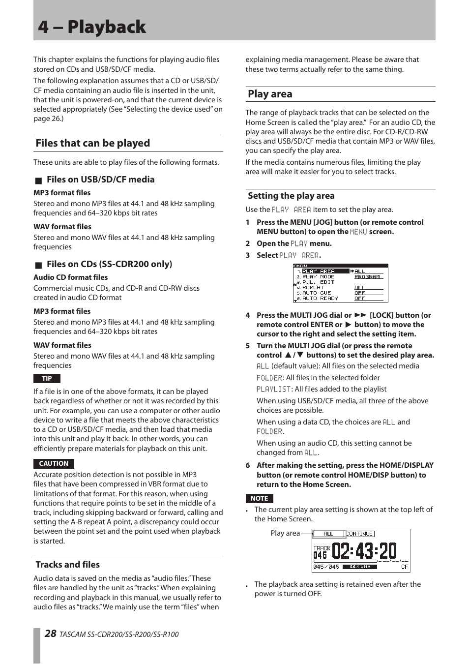 4 − playback, Files that can be played, Tracks and files | Play area, Setting the play area | Teac SS-CDR200 User Manual | Page 28 / 84