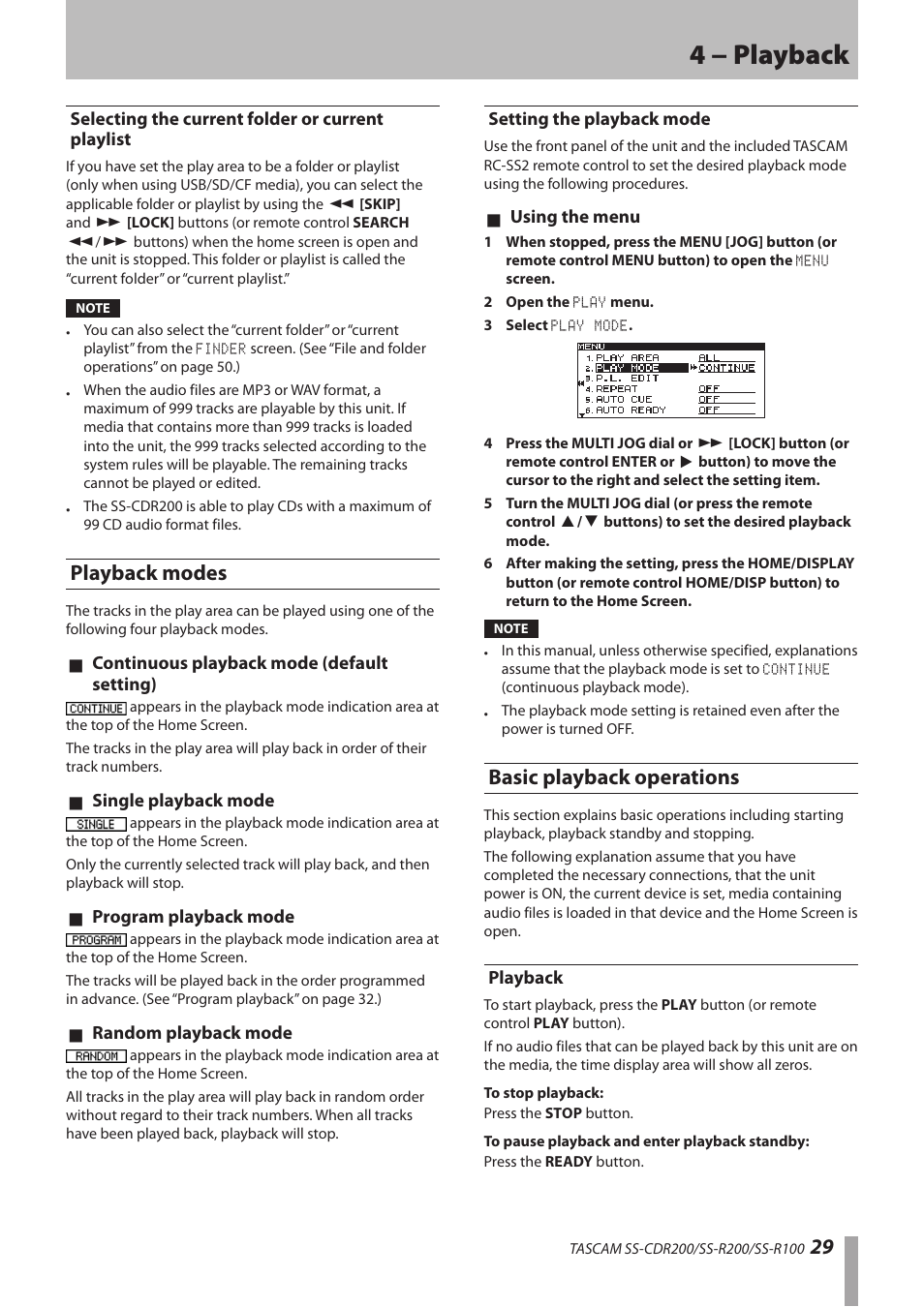 Selecting the current folder or current playlist, Playback modes, Setting the playback mode | Basic playback operations, Playback, Selecting the current folder or current, Playlist, 4 − playback | Teac SS-CDR200 User Manual | Page 29 / 84
