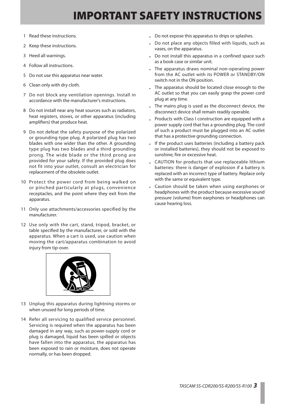 Important safety instructions | Teac SS-CDR200 User Manual | Page 3 / 84