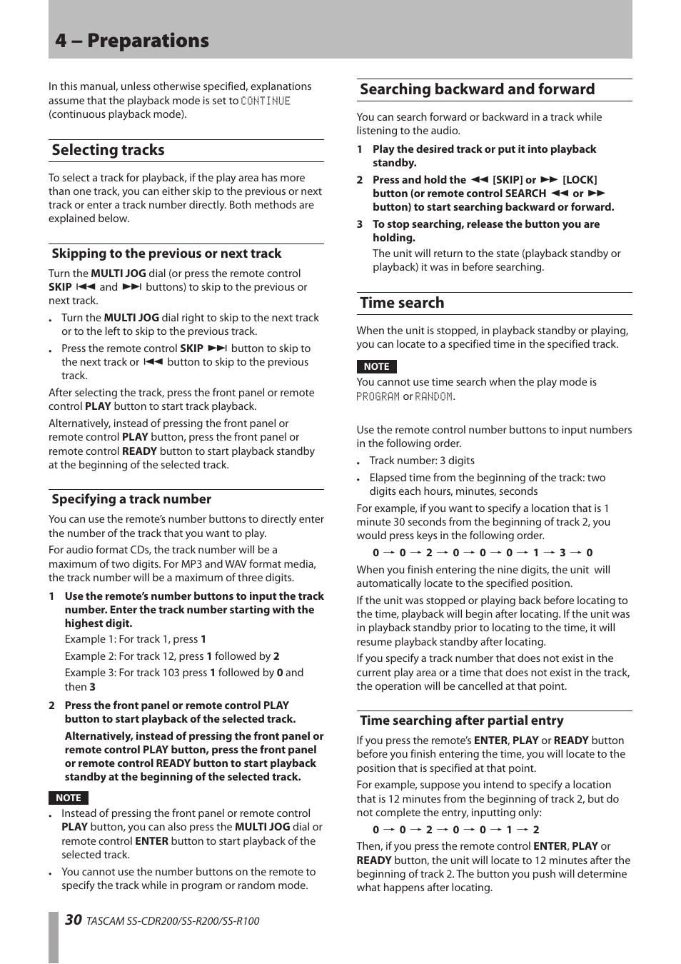 Selecting tracks, Skipping to the previous or next track, Specifying a track number | Searching backward and forward, Time search, Time searching after partial entry, Searching backward and forward time search, 4 − preparations | Teac SS-CDR200 User Manual | Page 30 / 84
