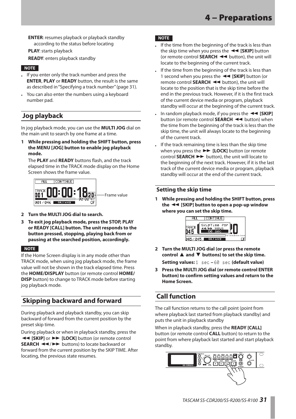 Jog playback, Skipping backward and forward, Setting the skip time | Call function, Jog playback skipping backward and forward, 4 − preparations | Teac SS-CDR200 User Manual | Page 31 / 84