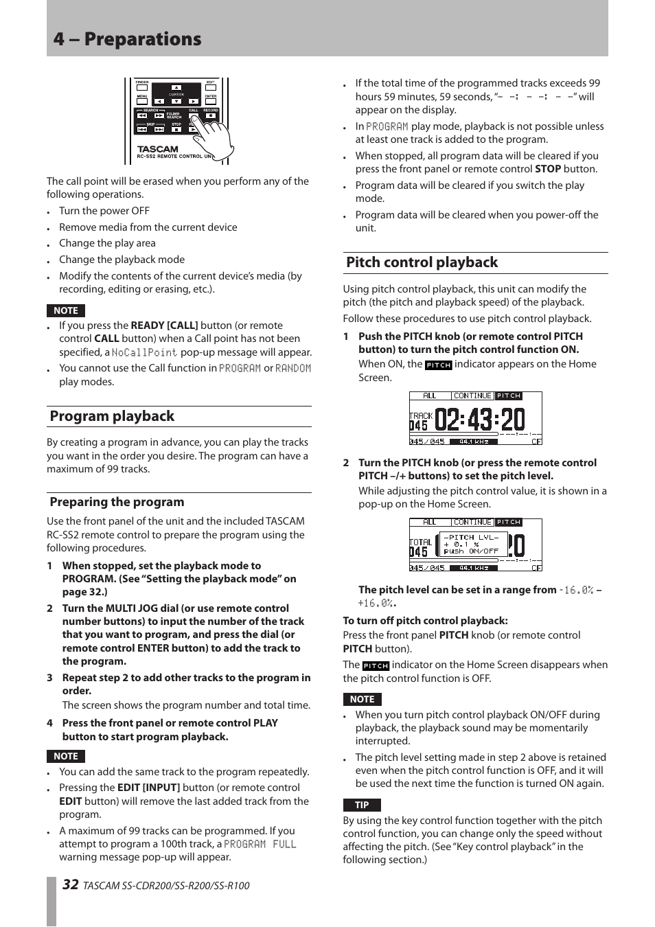 Program playback, Preparing the program, Pitch control playback | 4 − preparations | Teac SS-CDR200 User Manual | Page 32 / 84