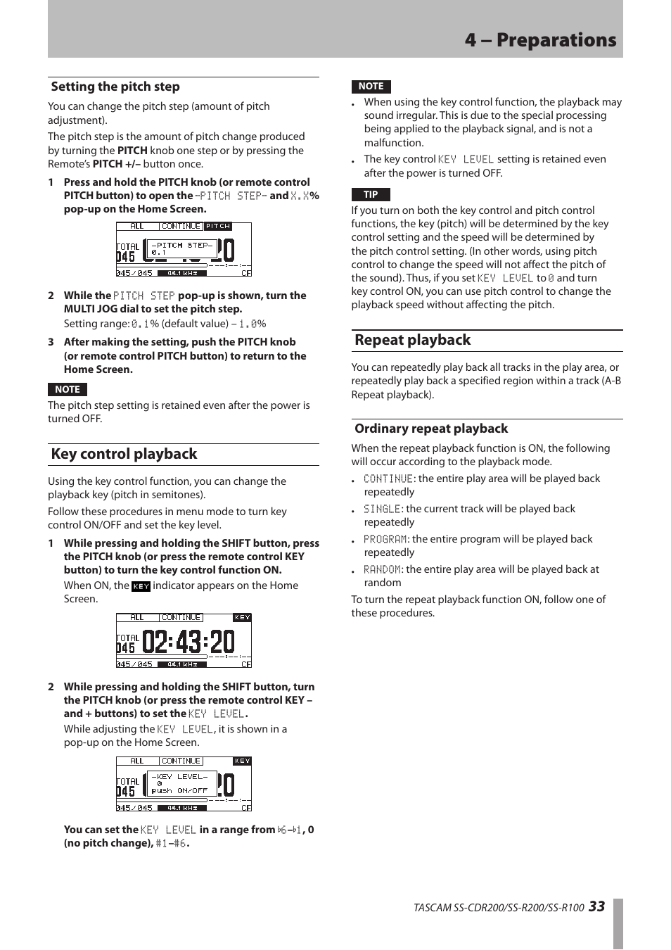 Setting the pitch step, Key control playback, Repeat playback | Ordinary repeat playback, Key control playback repeat playback, 4 − preparations | Teac SS-CDR200 User Manual | Page 33 / 84