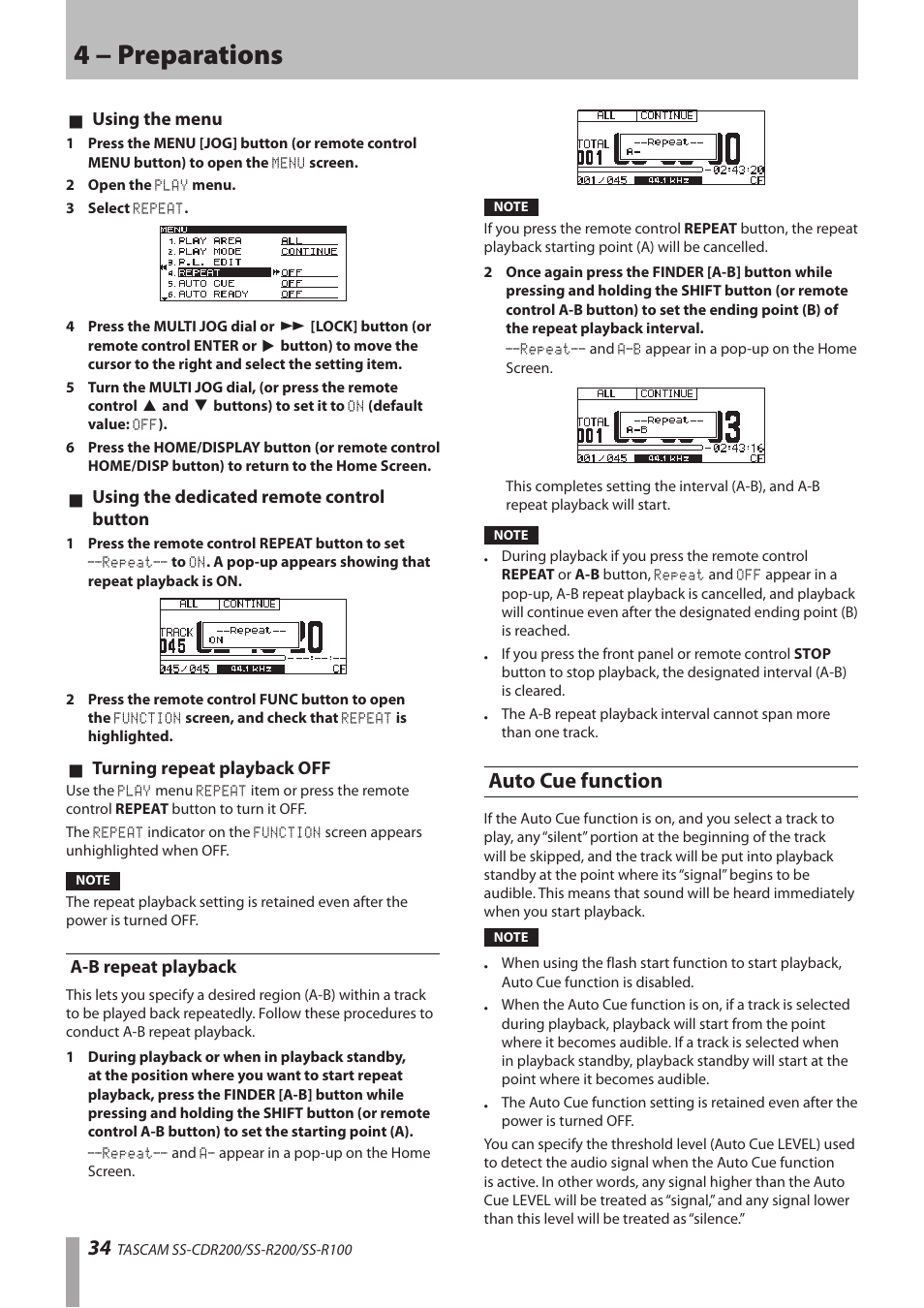 A-b repeat playback, Auto cue function, 4 − preparations | Teac SS-CDR200 User Manual | Page 34 / 84