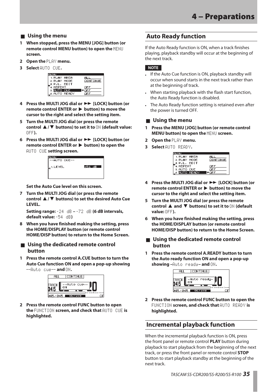 Auto ready function, Incremental playback function, Auto ready function incremental playback function | 4 − preparations | Teac SS-CDR200 User Manual | Page 35 / 84