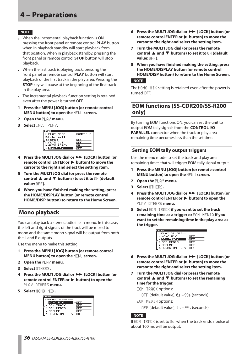 Mono playback, Eom functions (ss-cdr200/ss-r200 only), Setting eom tally output triggers | 4 − preparations | Teac SS-CDR200 User Manual | Page 36 / 84