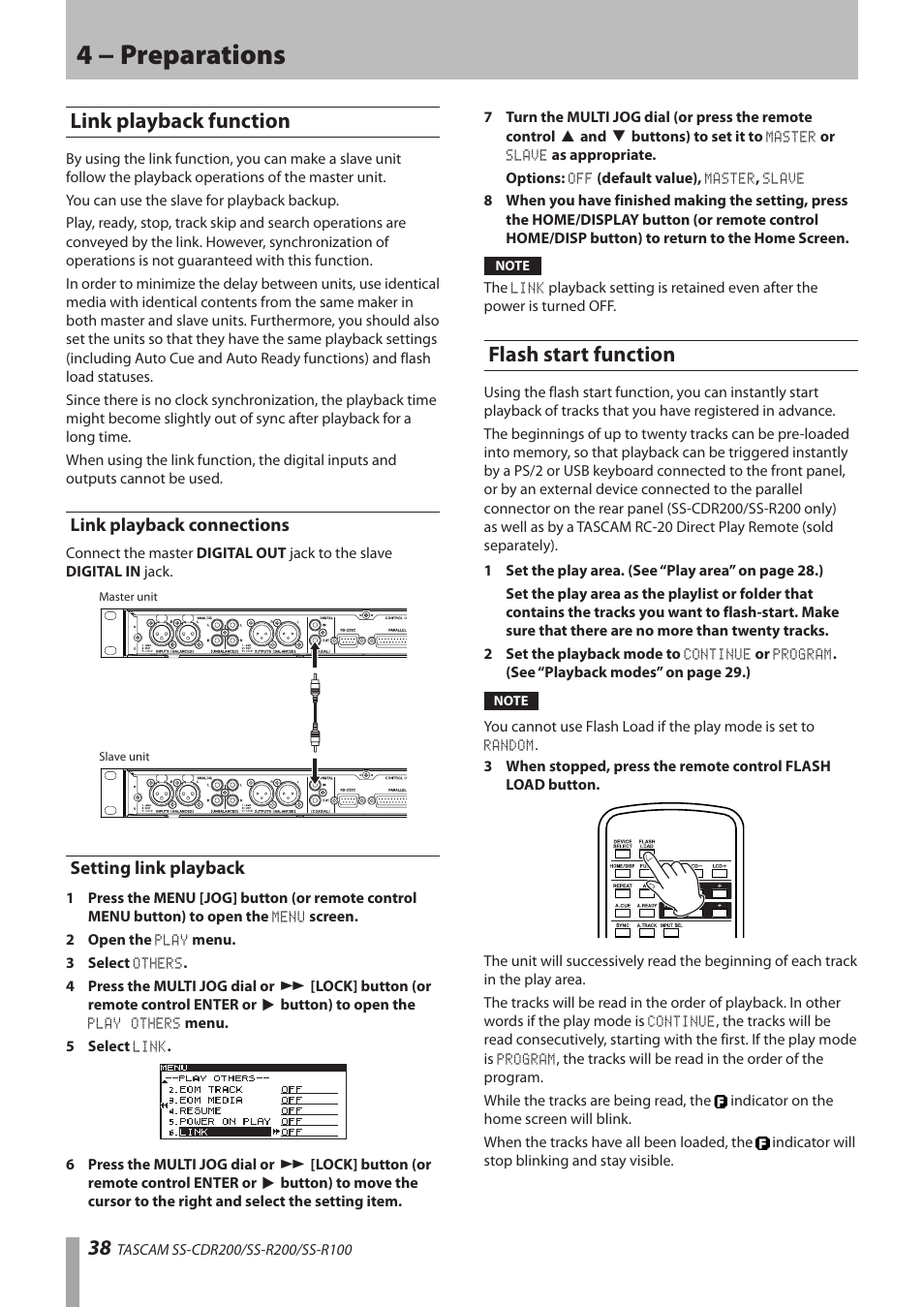 Link playback function, Link playback connections, Setting link playback | Flash start function, Link playback connections setting link playback, 4 − preparations | Teac SS-CDR200 User Manual | Page 38 / 84