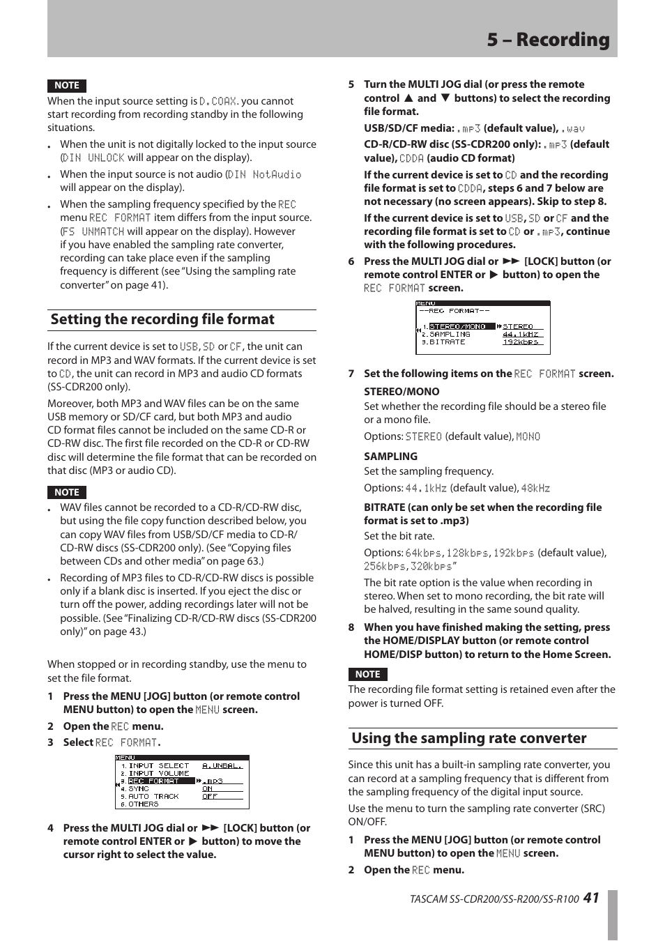 Setting the recording file format, Using the sampling rate converter, 5 – recording | Teac SS-CDR200 User Manual | Page 41 / 84