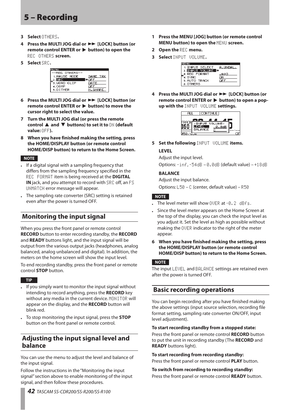 Monitoring the input signal, Adjusting the input signal level and balance, Basic recording operations | 5 – recording | Teac SS-CDR200 User Manual | Page 42 / 84