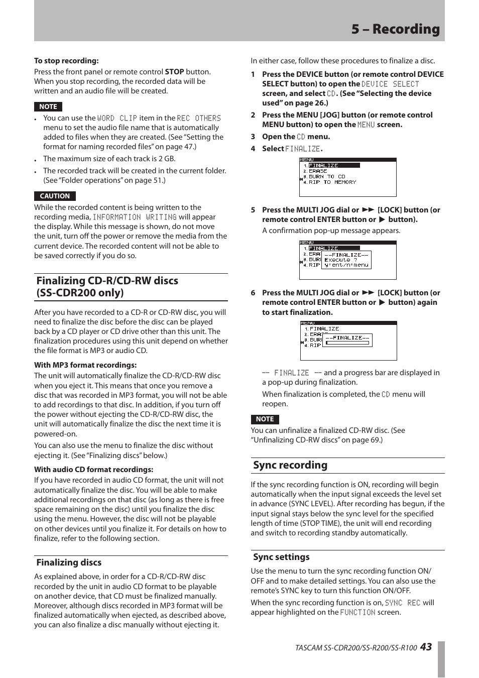 Finalizing cd-r/cd-rw discs (ss-cdr200 only), Finalizing discs, Sync recording | Sync settings, 5 – recording | Teac SS-CDR200 User Manual | Page 43 / 84