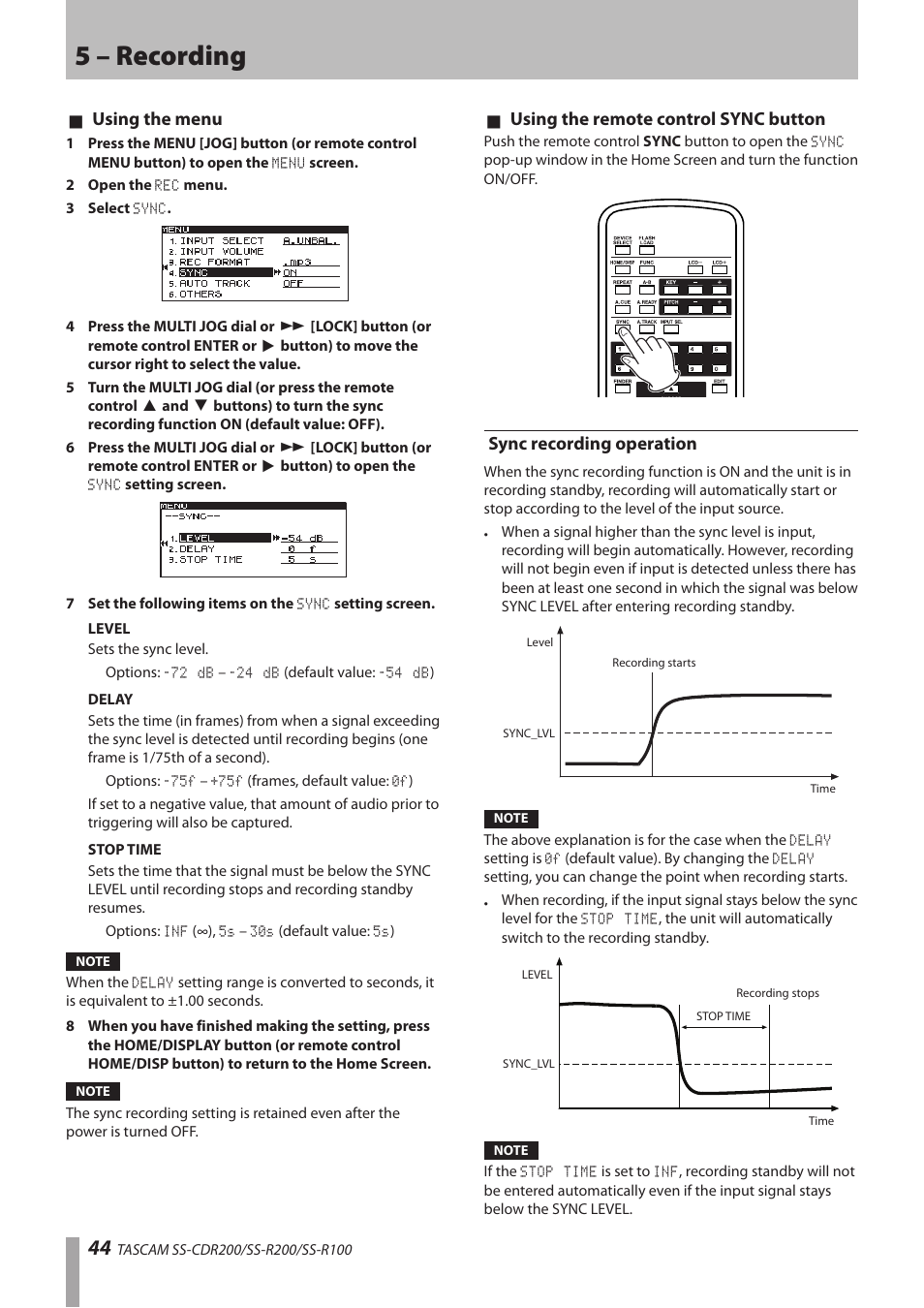 Sync recording operation, 5 – recording, 8 using the menu | 8 using the remote control sync button | Teac SS-CDR200 User Manual | Page 44 / 84