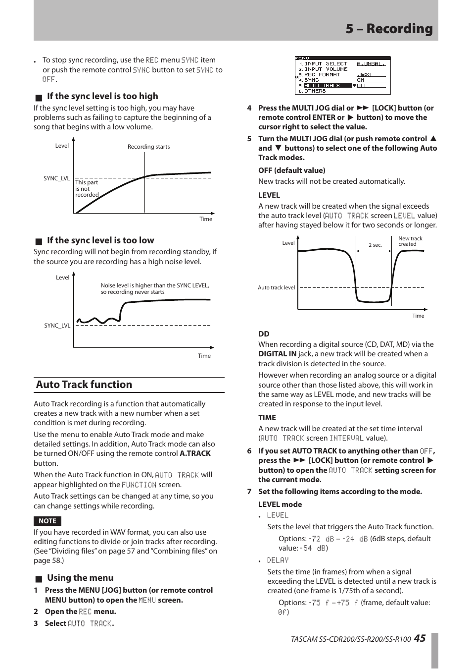 Auto track function, 5 – recording, 8 if the sync level is too high | 8 if the sync level is too low, 8 using the menu | Teac SS-CDR200 User Manual | Page 45 / 84