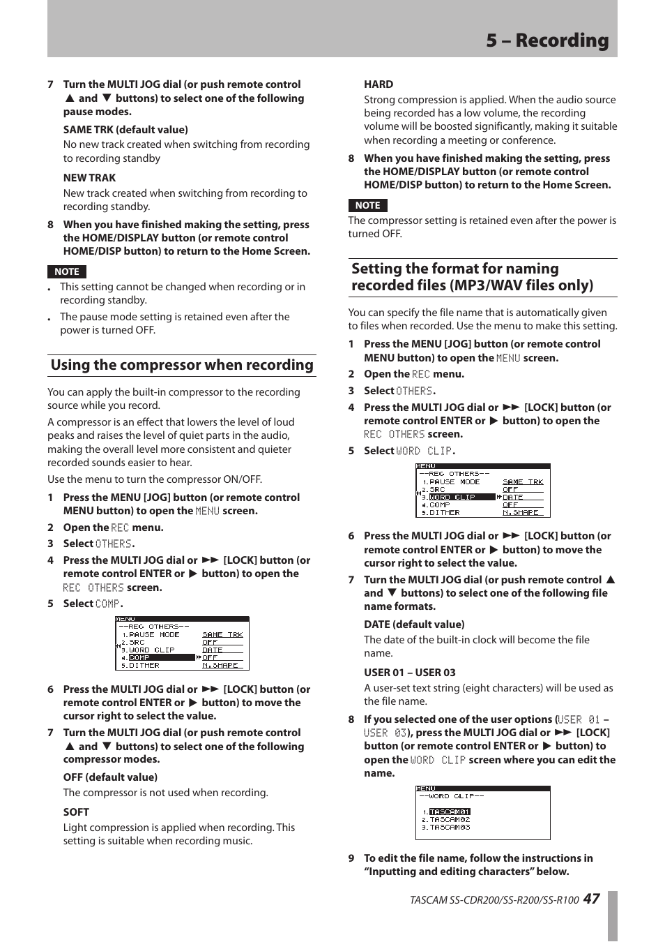 Using the compressor when recording, Mp3/wav files only), 5 – recording | Teac SS-CDR200 User Manual | Page 47 / 84