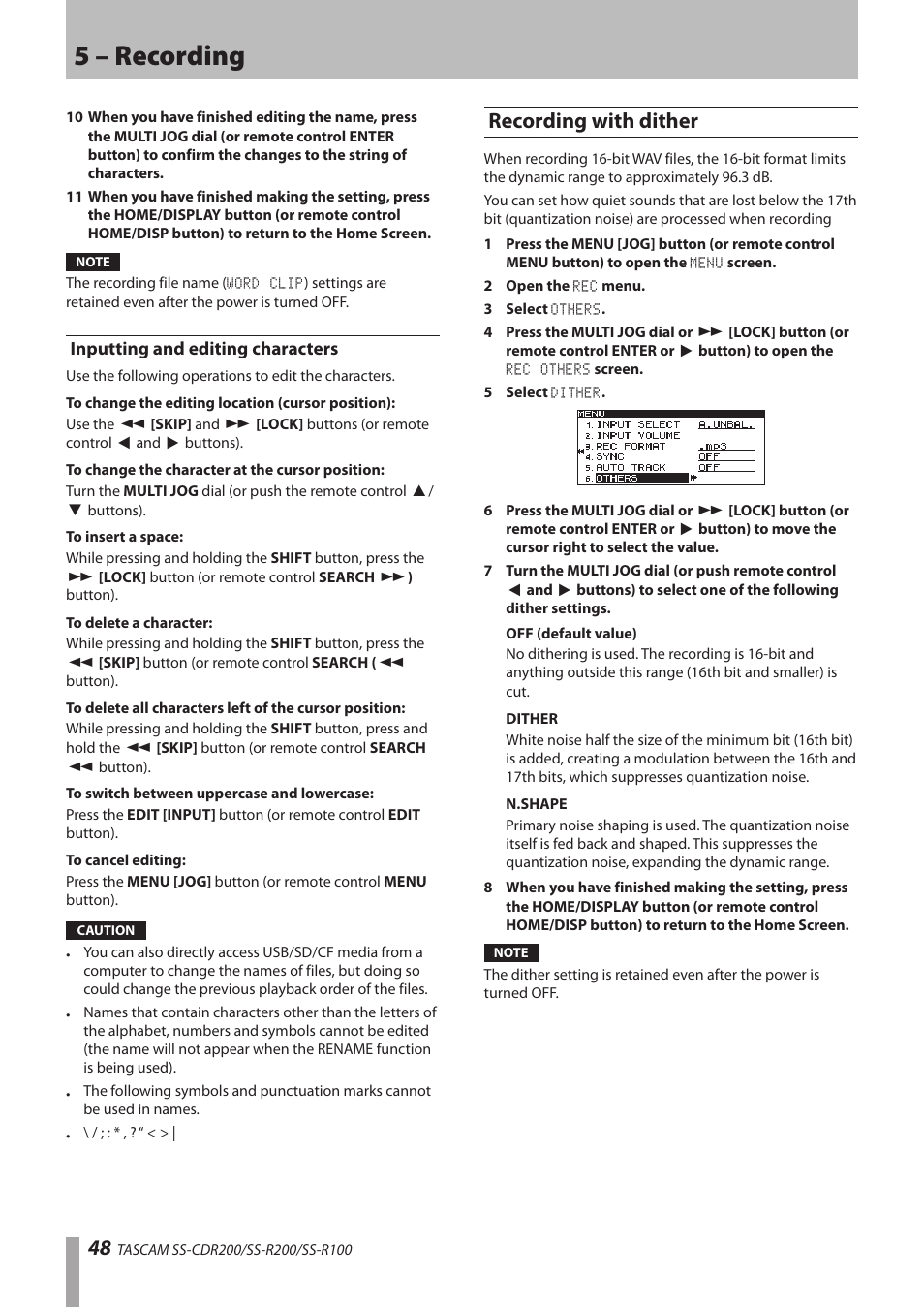 Inputting and editing characters, Recording with dither, 5 – recording | Teac SS-CDR200 User Manual | Page 48 / 84