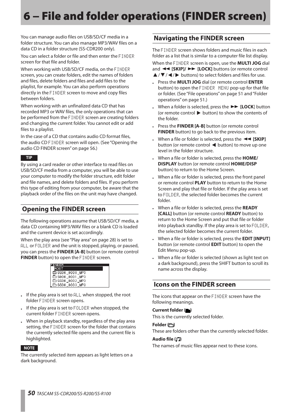 6 − file and folder operations (finder screen), Opening the finder screen, Navigating the finder screen | Icons on the finder screen, 6 − file and folder operations (finder, Screen) | Teac SS-CDR200 User Manual | Page 50 / 84