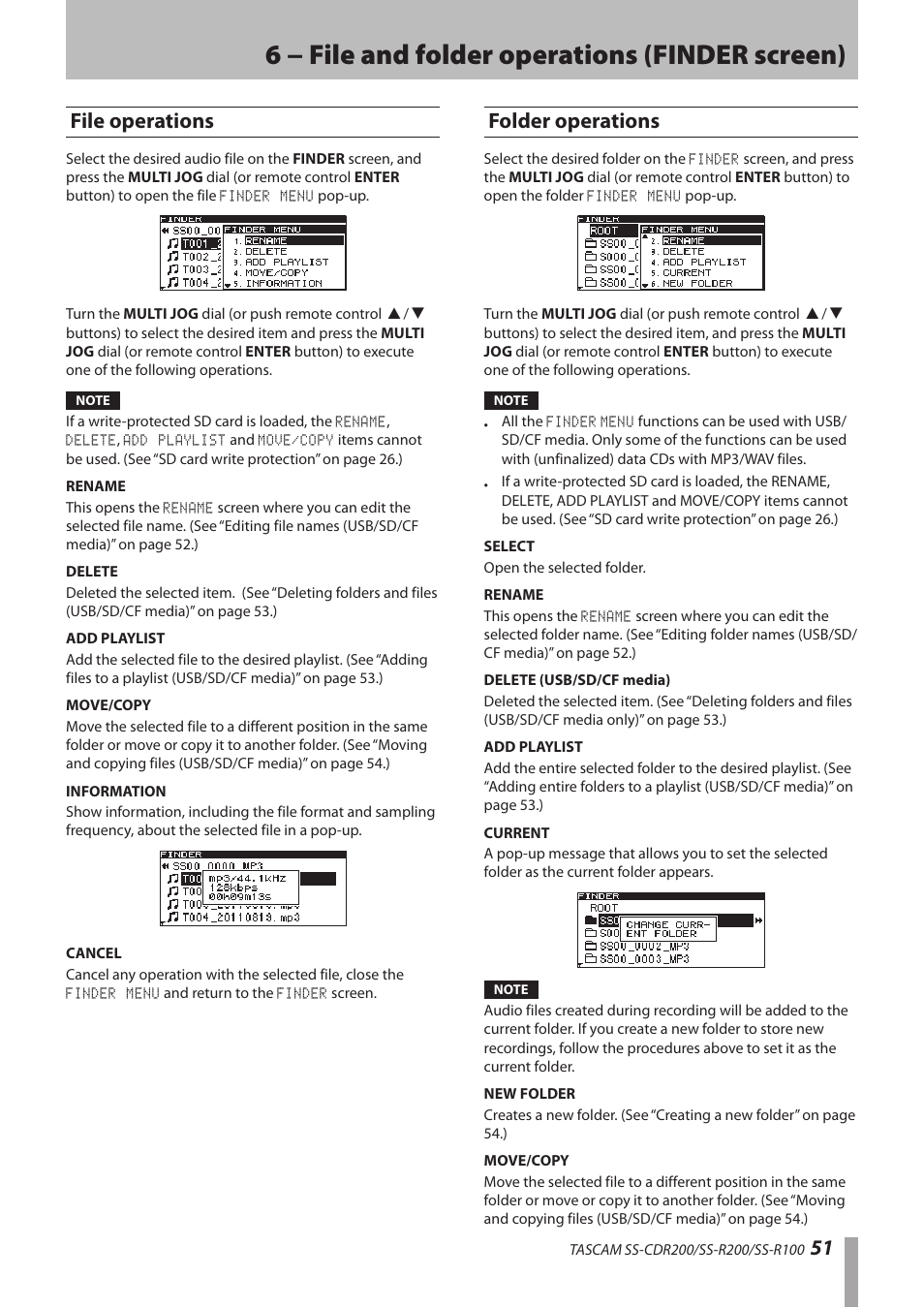 File operations, Folder operations, File operations folder operations | 6 − file and folder operations (finder screen), 51 file operations | Teac SS-CDR200 User Manual | Page 51 / 84