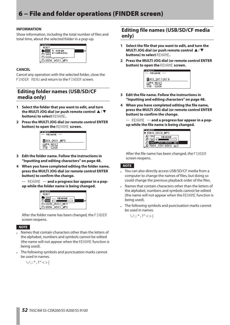 Editing folder names (usb/sd/cf media only), Editing file names (usb/sd/cf media only), 6 − file and folder operations (finder screen) | Teac SS-CDR200 User Manual | Page 52 / 84
