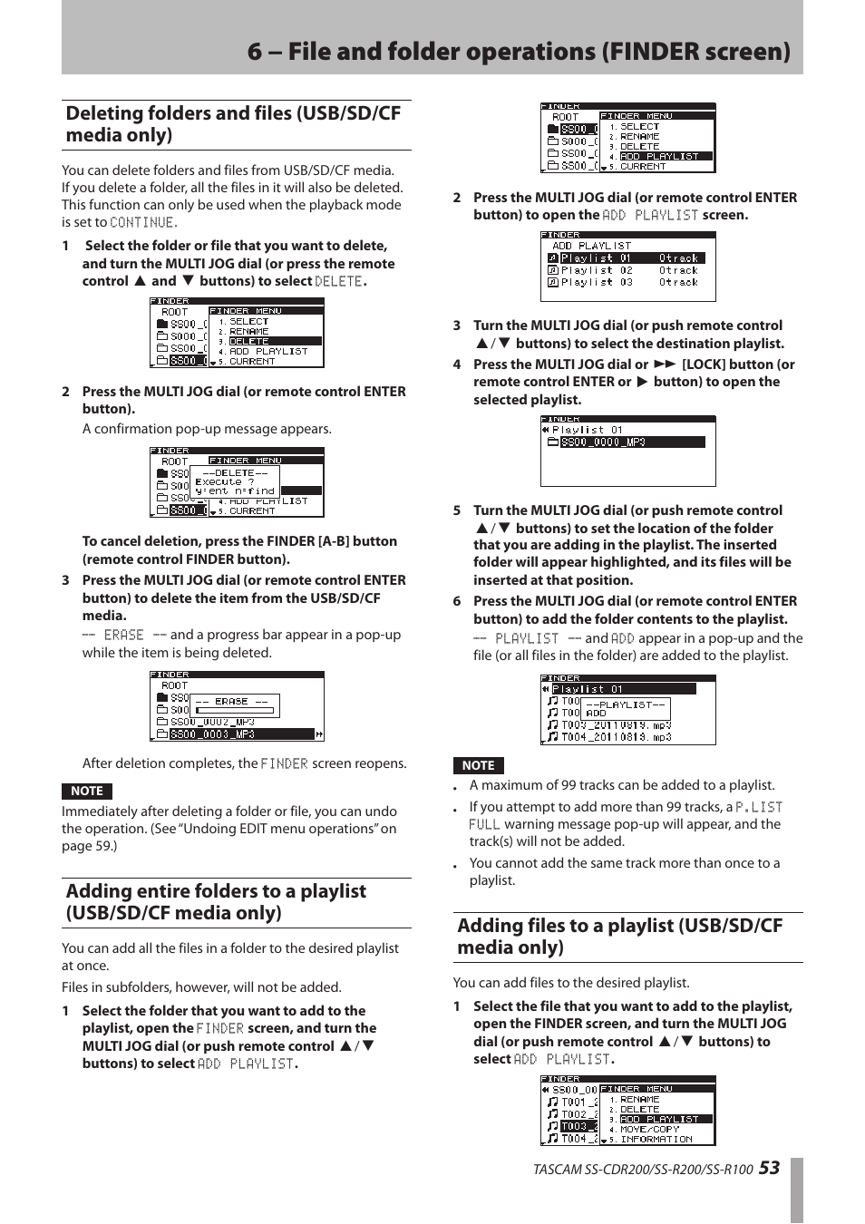 Deleting folders and files (usb/sd/cf media only), Adding files to a playlist (usb/sd/cf media only), Deleting folders and files (usb/sd/cf media | Only), 6 − file and folder operations (finder screen) | Teac SS-CDR200 User Manual | Page 53 / 84