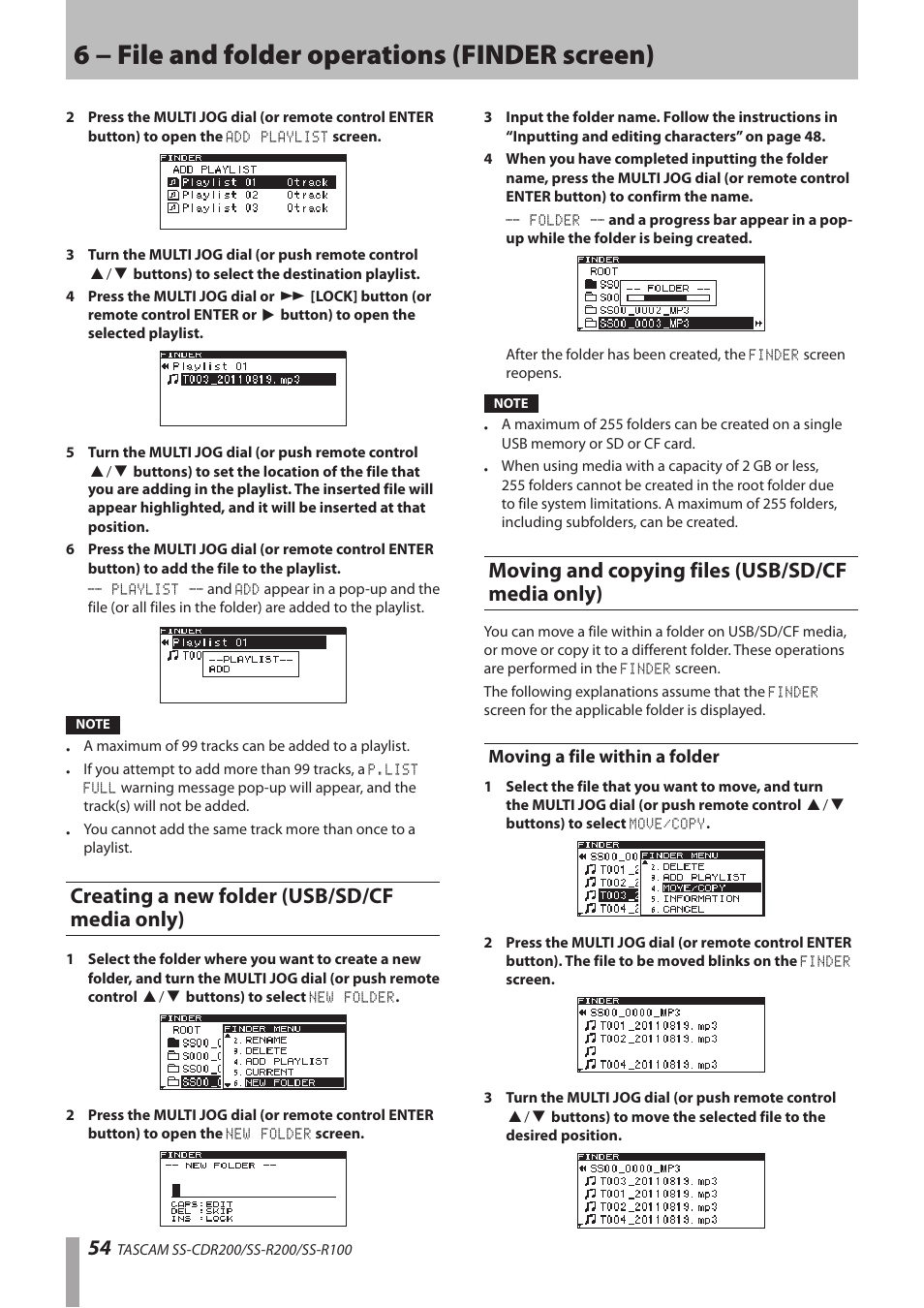 Creating a new folder (usb/sd/cf media only), Moving and copying files (usb/sd/cf media only), Moving a file within a folder | Only), 6 − file and folder operations (finder screen) | Teac SS-CDR200 User Manual | Page 54 / 84