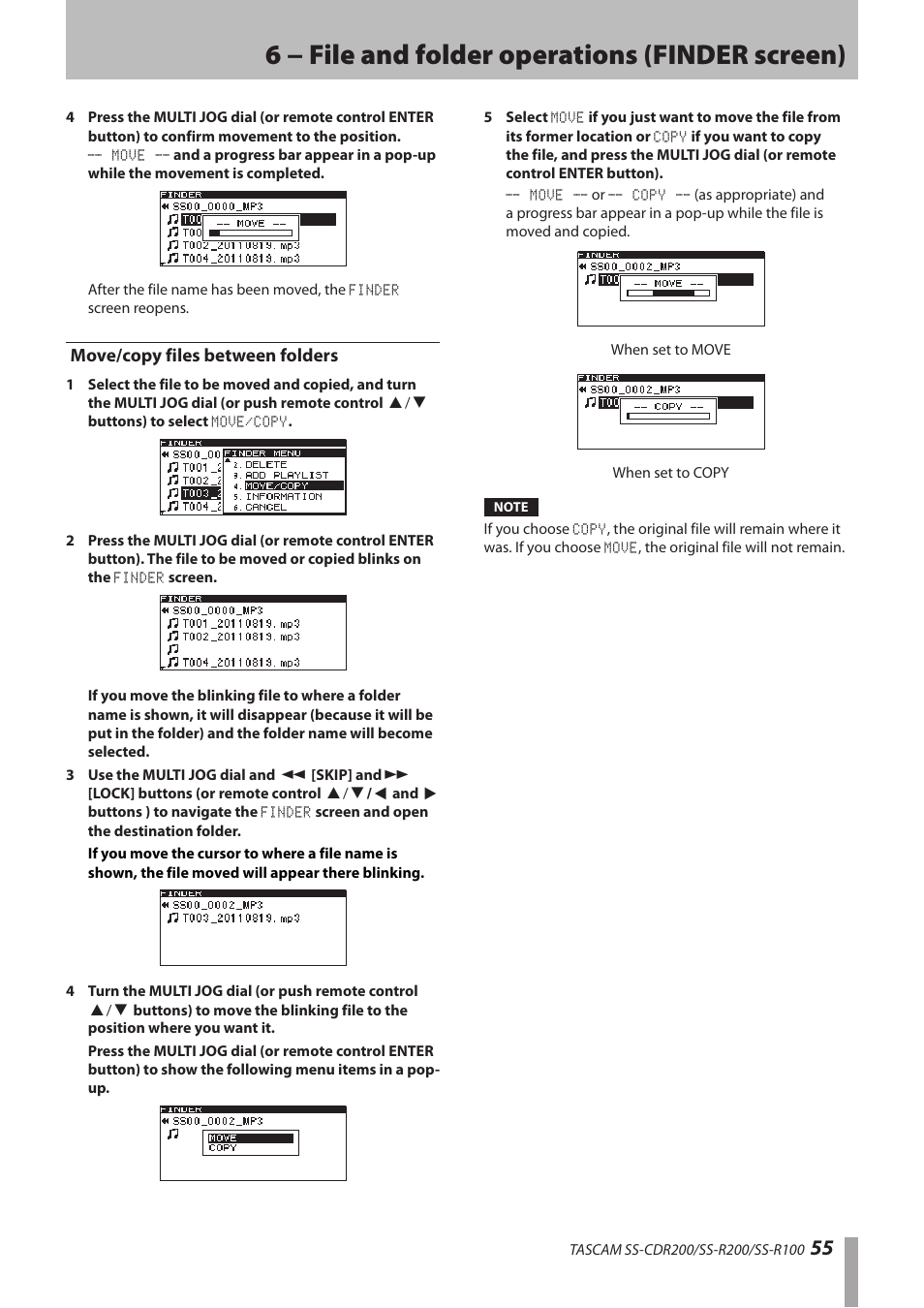 Move/copy files between folders, 6 − file and folder operations (finder screen) | Teac SS-CDR200 User Manual | Page 55 / 84