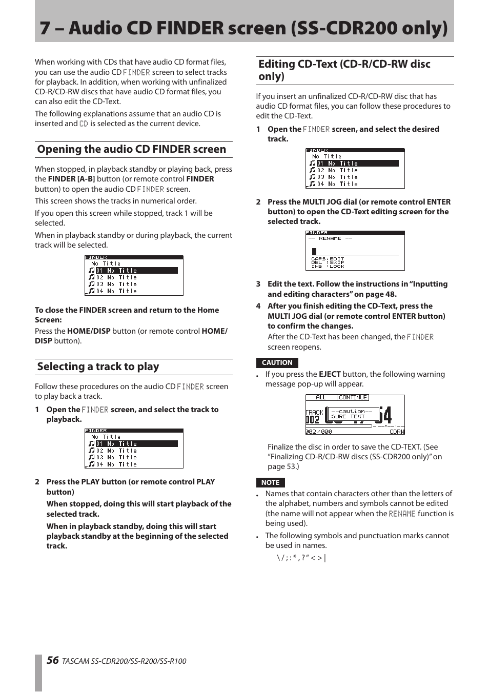 7 – audio cd finder screen (ss-cdr200 only), Opening the audio cd finder screen, Selecting a track to play | Editing cd-text (cd-r/cd-rw disc only), 7 – audio cd finder screen (ss-cdr200, Only) | Teac SS-CDR200 User Manual | Page 56 / 84