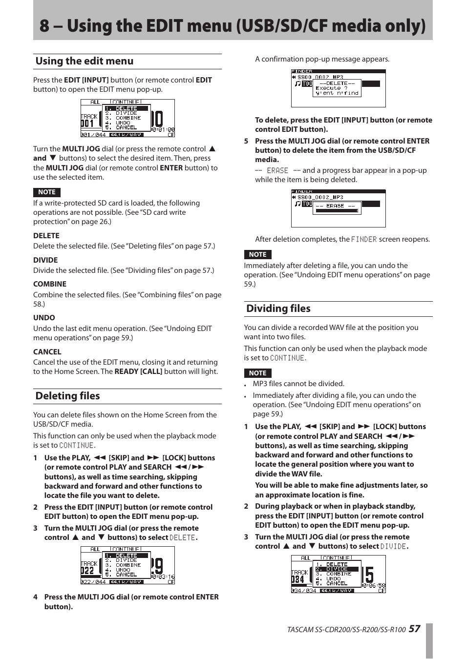 8 − using the edit menu (usb/sd/cf media only), Using the edit menu, Deleting files | Dividing files, 8 − using the edit menu (usb/sd/cf media, Only), Using the edit menu deleting files dividing files, 57 using the edit menu | Teac SS-CDR200 User Manual | Page 57 / 84