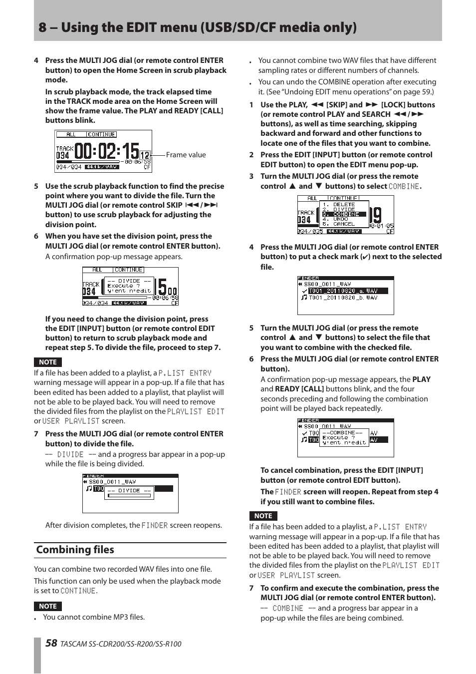 Combining files, 8 − using the edit menu (usb/sd/cf media only) | Teac SS-CDR200 User Manual | Page 58 / 84