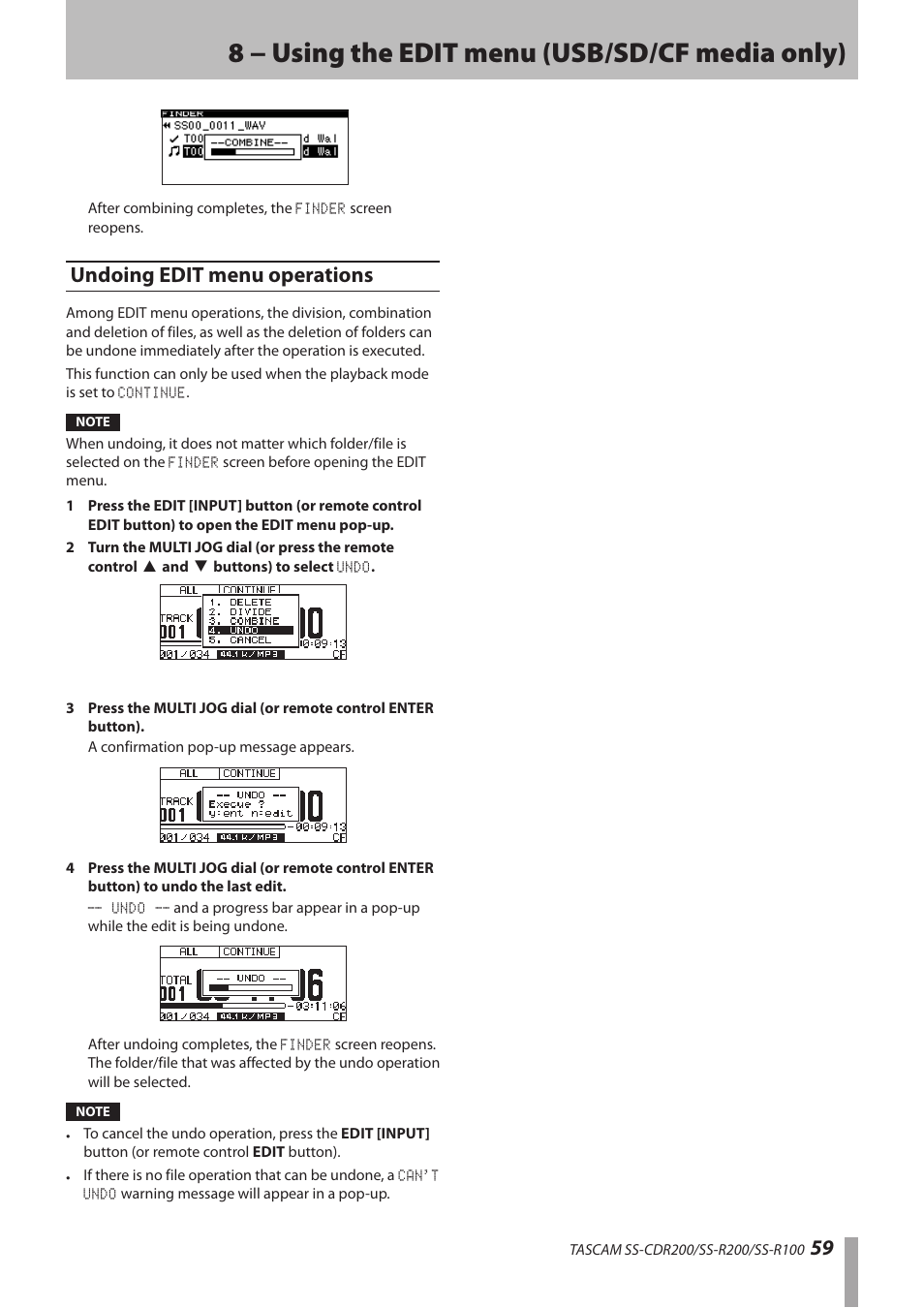 Undoing edit menu operations, 8 − using the edit menu (usb/sd/cf media only) | Teac SS-CDR200 User Manual | Page 59 / 84