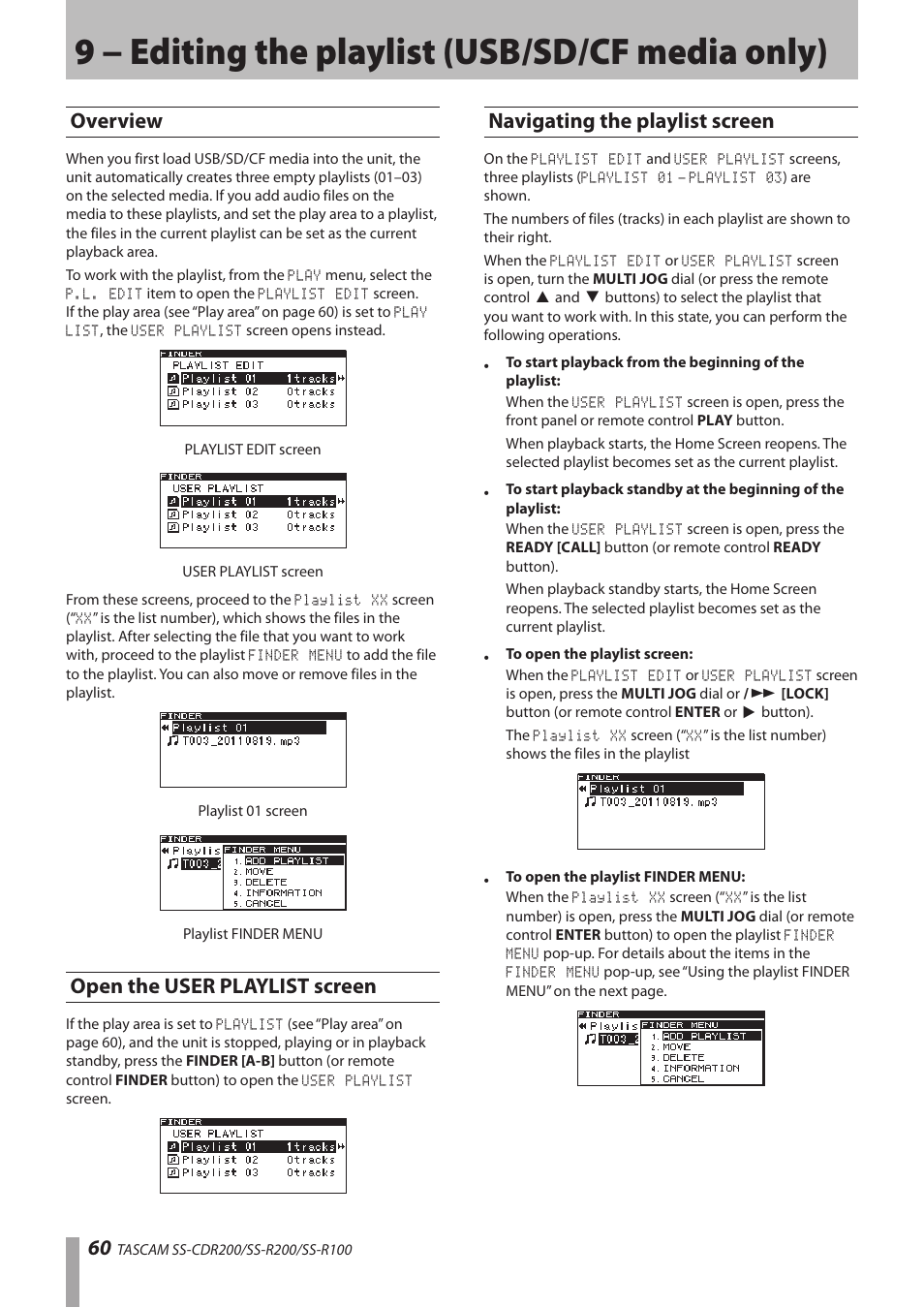 9 − editing the playlist (usb/sd/cf media only), Overview, Open the user playlist screen | Navigating the playlist screen, 9 − editing the playlist (usb/sd/cf media, Only) | Teac SS-CDR200 User Manual | Page 60 / 84