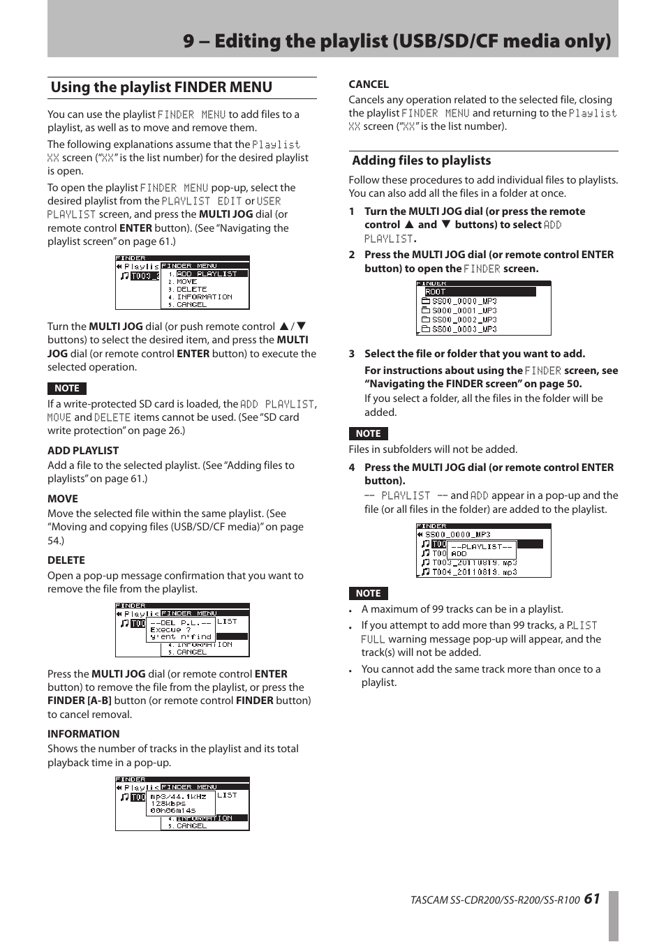 Using the playlist finder menu, Adding files to playlists, 9 − editing the playlist (usb/sd/cf media only) | 61 using the playlist finder menu | Teac SS-CDR200 User Manual | Page 61 / 84