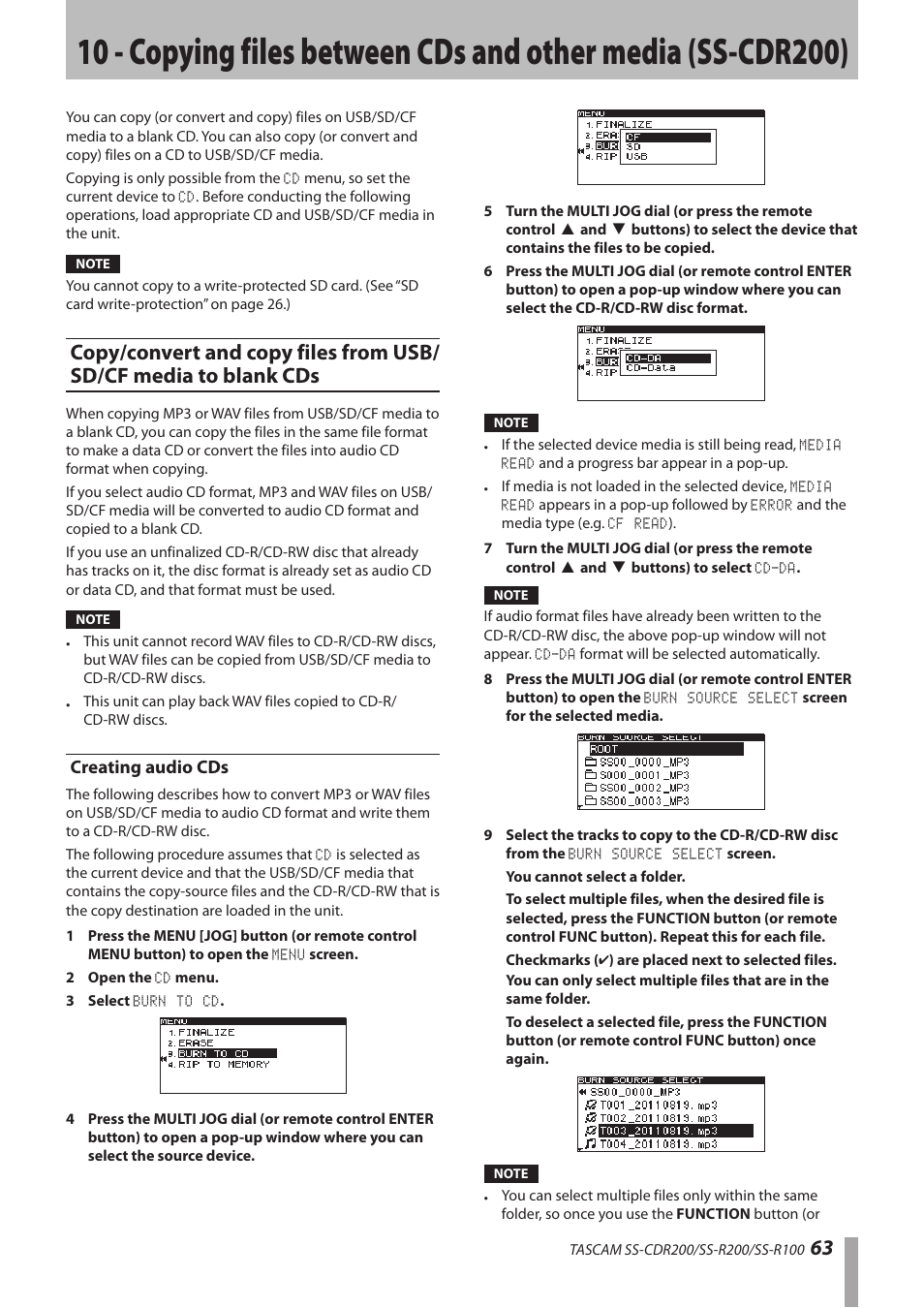 Creating audio cds, 10 - copying files between cds and other, Media (ss-cdr200) | Copy/convert and copy files from usb/sd/cf, Media to blank cds | Teac SS-CDR200 User Manual | Page 63 / 84