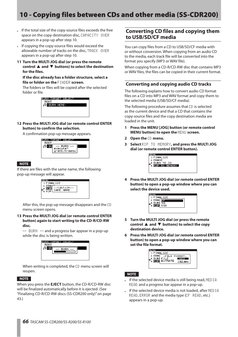 Converting and copying audio cd tracks, Converting cd files and copying them to, Usb/sd/cf media | Teac SS-CDR200 User Manual | Page 66 / 84