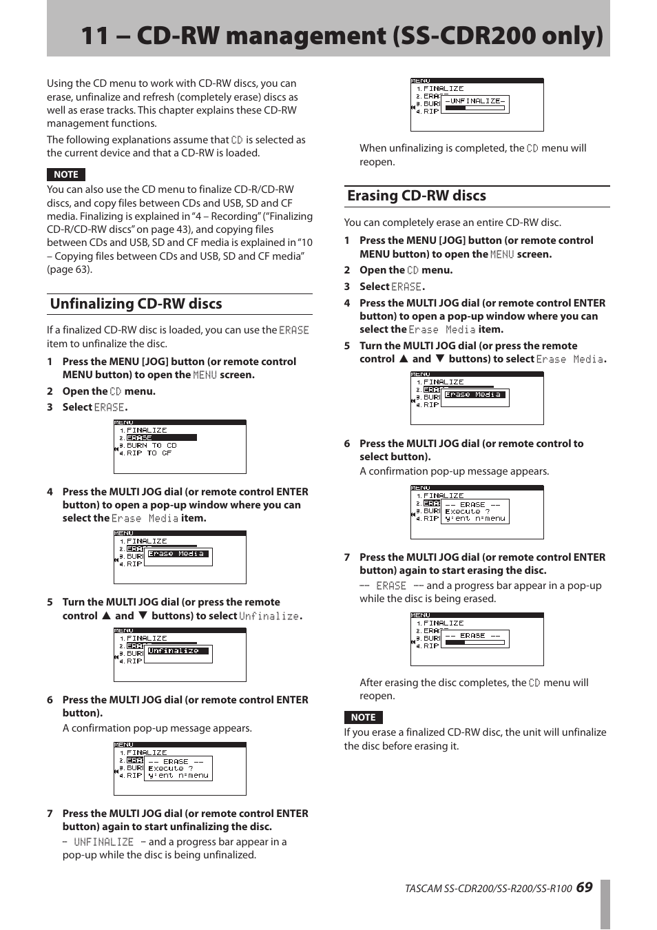 11 − cd-rw management (ss-cdr200 only), Unfinalizing cd-rw discs, Erasing cd-rw discs | 11 − cd-rw management (ss-cdr200, Only), Unfinalizing cd-rw discs erasing cd-rw discs | Teac SS-CDR200 User Manual | Page 69 / 84