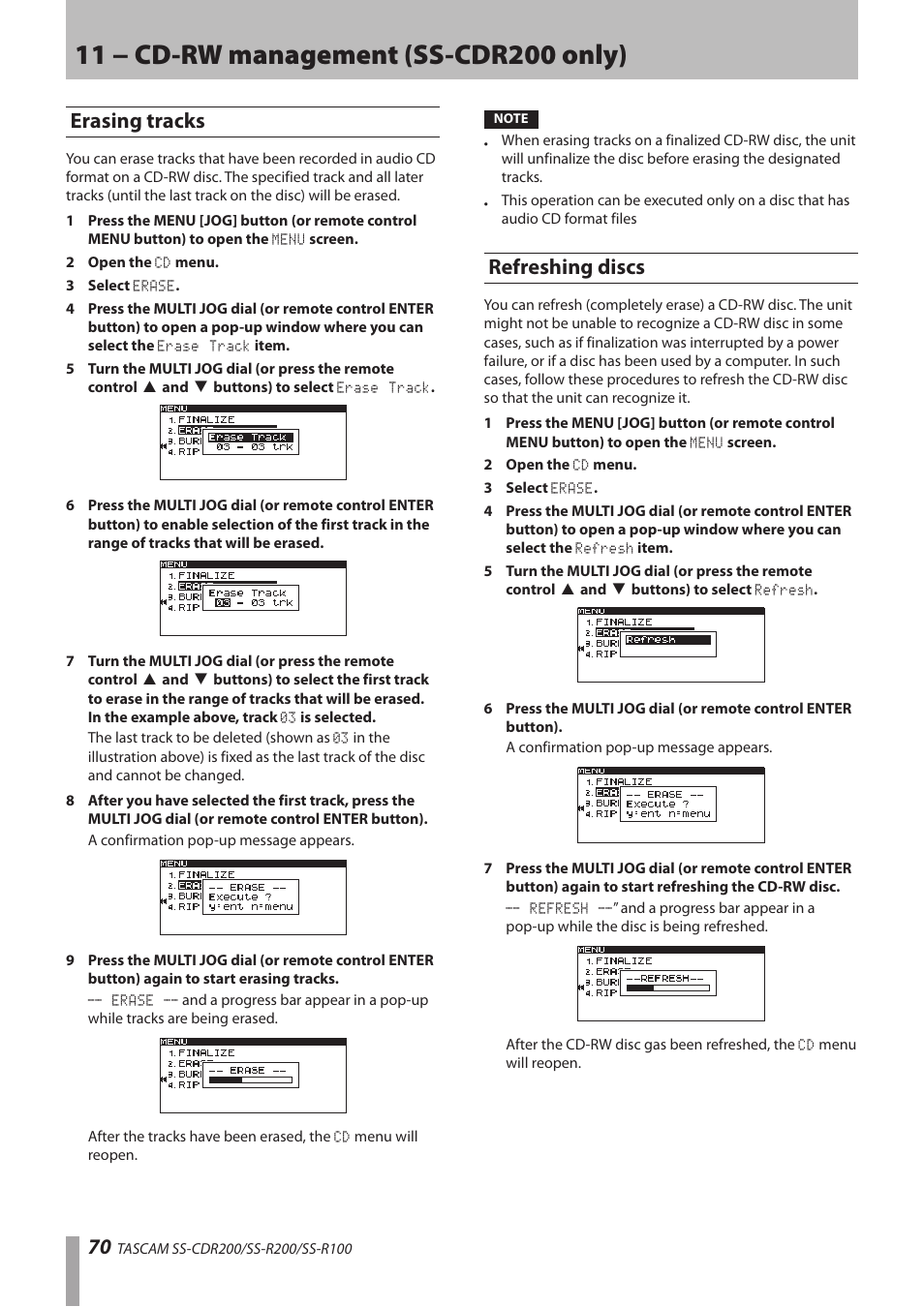 Erasing tracks, Refreshing discs, Erasing tracks refreshing discs | Teac SS-CDR200 User Manual | Page 70 / 84