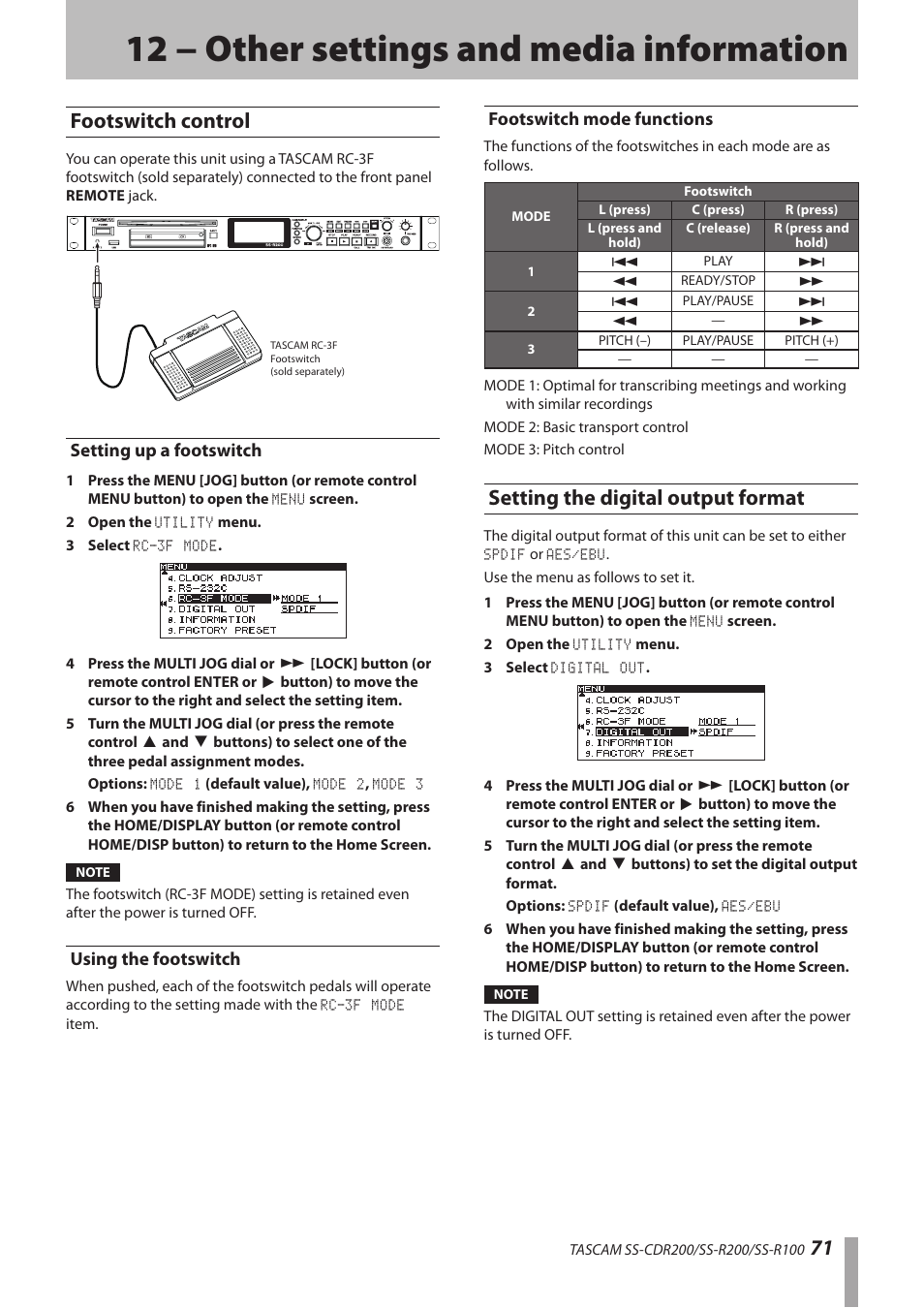 12 − other settings and media information, Footswitch control, Setting up a footswitch | Using the footswitch, Footswitch mode functions, Setting the digital output format, 12 − other settings and media, Information, 71 footswitch control | Teac SS-CDR200 User Manual | Page 71 / 84