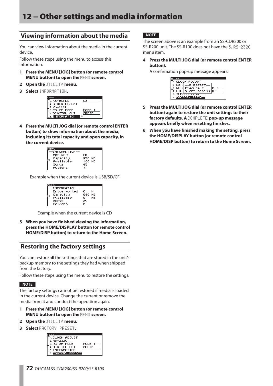 Viewing information about the media, Restoring the factory settings, 12 − other settings and media information | Teac SS-CDR200 User Manual | Page 72 / 84